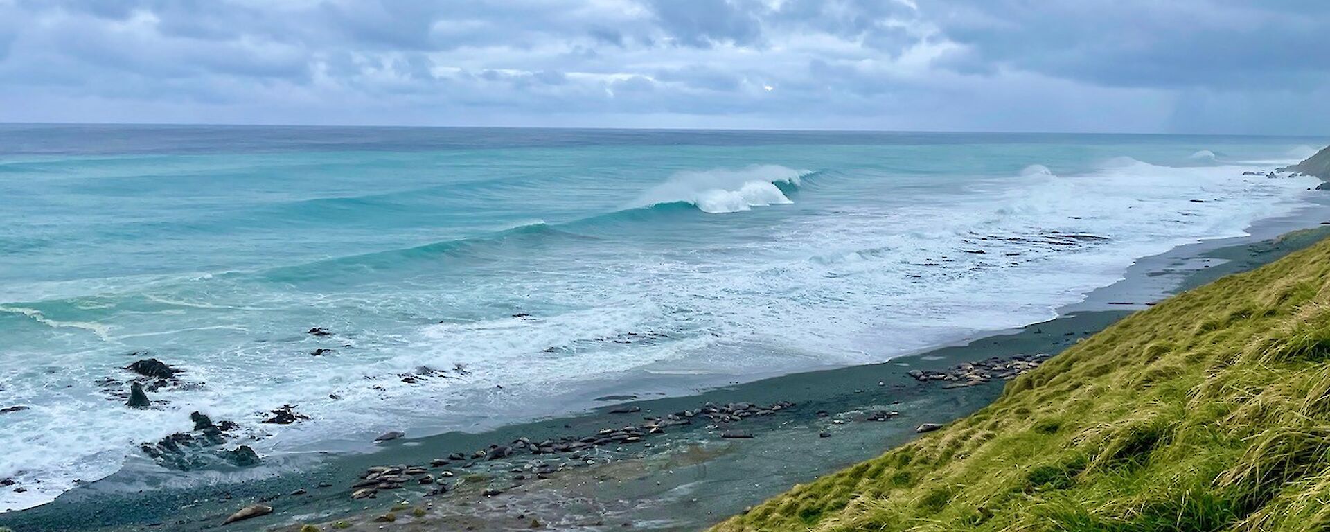 Waves crashing on a rocky coastline
