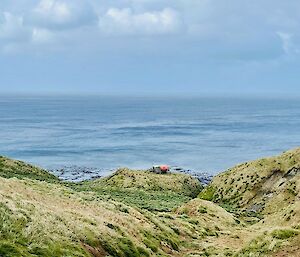 Looking down a hill towards a small hut with the ocean beyond.