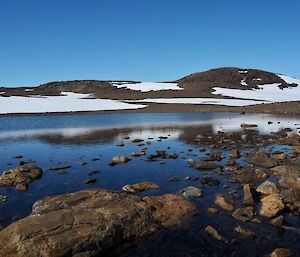 A glassy lake with snow and rock covered mountains in the background.