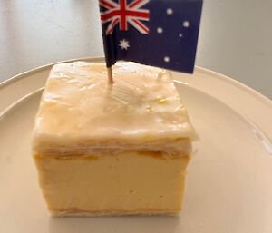 A delicious dessert of vanilla slice sits on a white plate