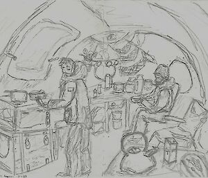 A black and white sketch of a person cooking over a stove, with another person eating out of a bowl and a table in a kitchen, inside a melon structure.