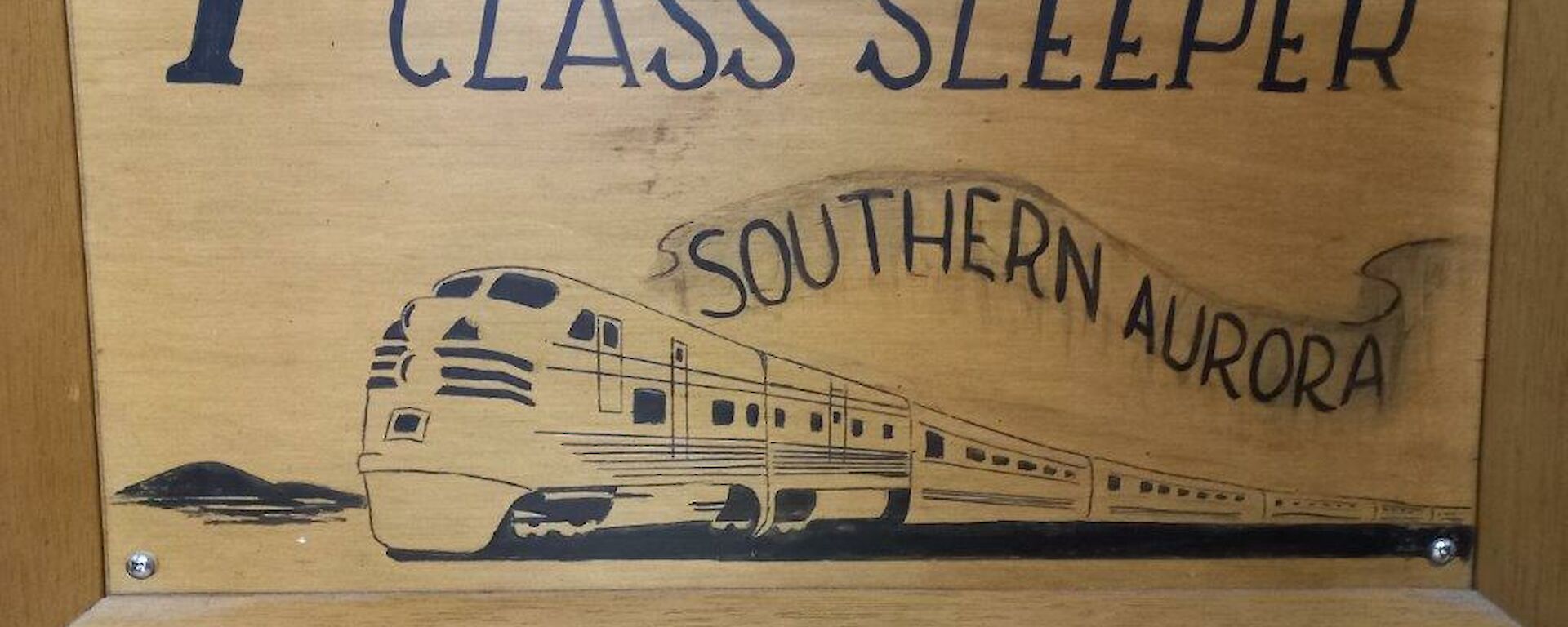 A wooden sign showing a train