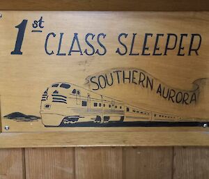 A wooden sign showing a train