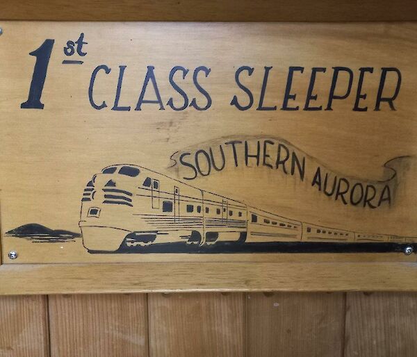 A wooden sign showing a train