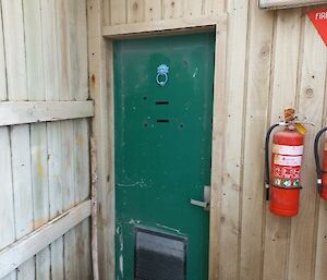 An old green door with a household door knocker on it