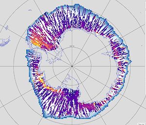 A colourful map representation of different sea ice parameters around Antarctica.