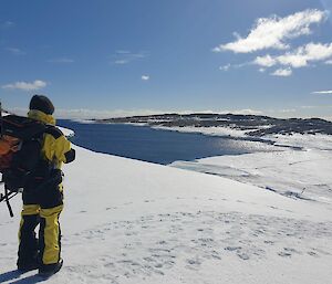 Person with large backpack and ice-axe looks down on blue bay with penguins on ice in the background.