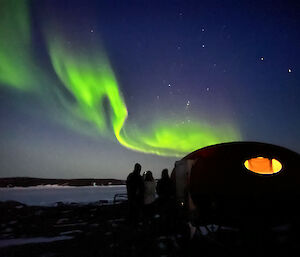 A green aurora lights up the sky over a bay with a small hut