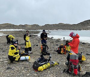 A group of six people wearing outdoor gear and having snacks standing next to a lake. Each person has a hiking pack next to them.