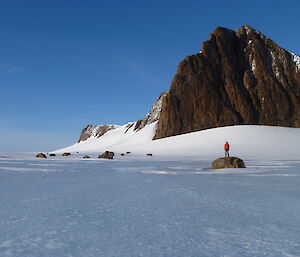 A man in an orange jacket stands on a rock with a mountain range behind