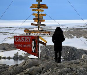 A woman in black stands next to the Casey signpost taking in the view