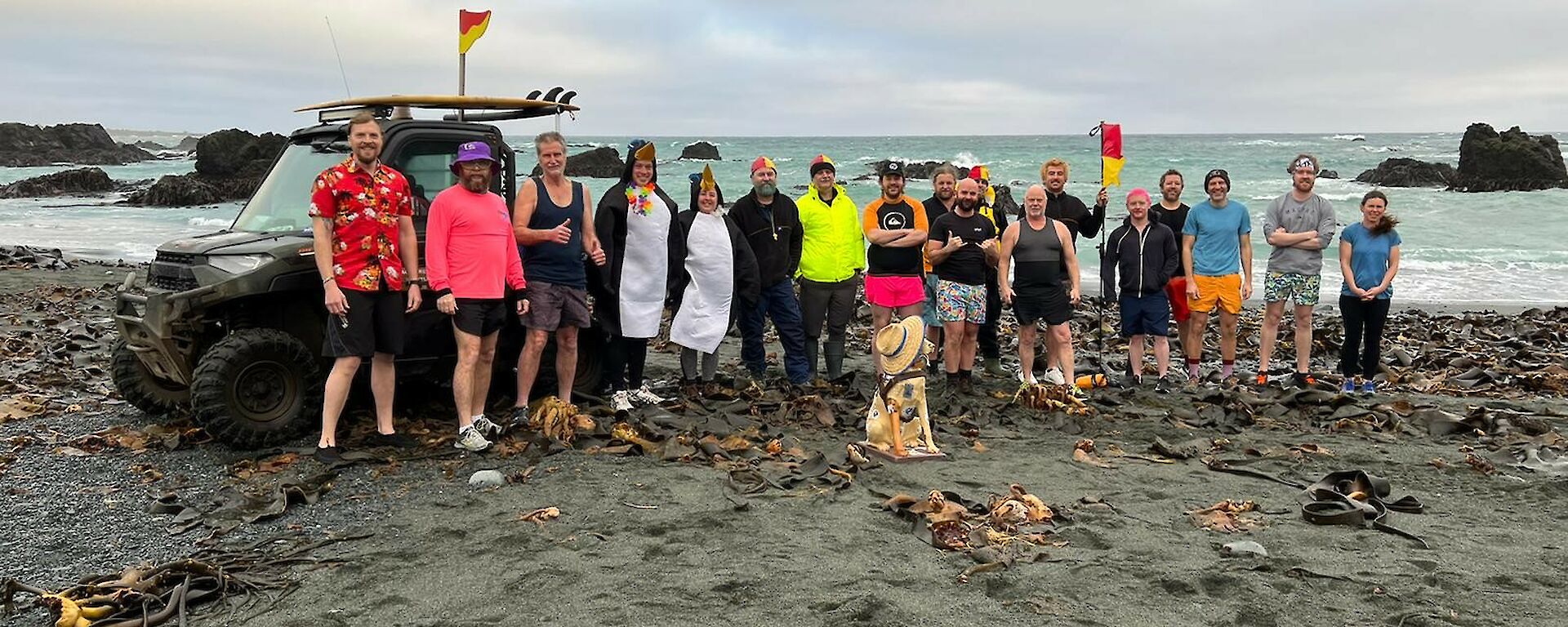 A group of people lined up on a beach for the mid winter swim