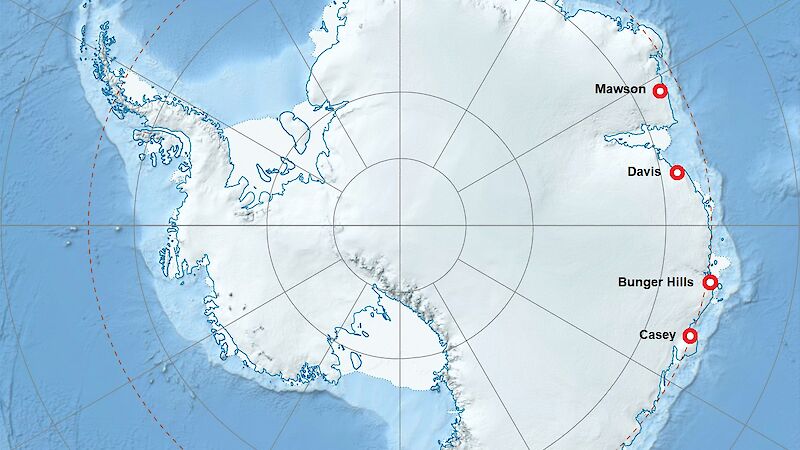 A map of Antarctica showing the location of the Denman Glacier, 440km west of Casey research station