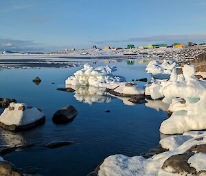Snow covered rocks lining the shoreline of a very calm ocean. A snow-covered landscape with colourful buildings can be seen in the distance.