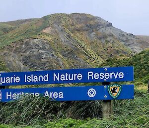 Macquarie Island Nature Reserve sign with southern elephant seal - March 2023