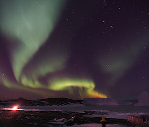 An aurora lights up the sky above an island and icebergs