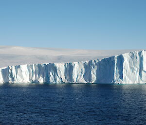 A track can be seen across the snow and ice in the distance with ice cliffs and sea in the foreground