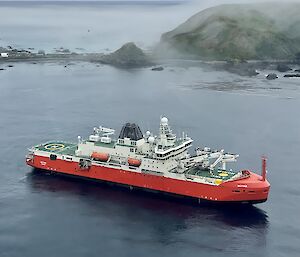 A large ice breaking ship sits in the calm waters with mountainous Macquarie Island behind