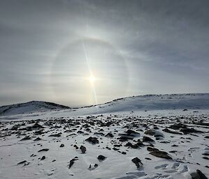 Snow,covered rocky hills with the sun low in the background in a cloudy sky. There is a large halo surrounding the sun.
