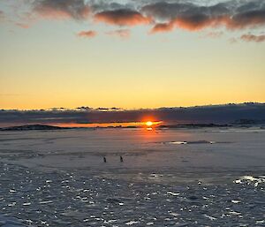 Two penguins march across the snow-covered sea-ice as the sun sets in the background
