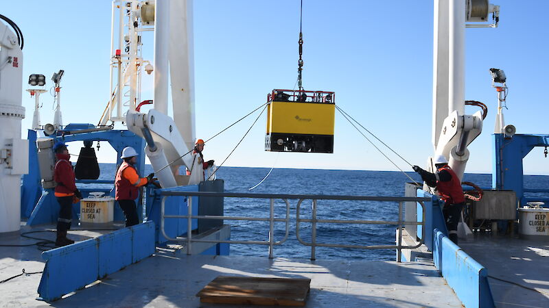 A large yellow deep-sea mooring hangs from a winch on the back of a ship, ready to be lowered into the water.