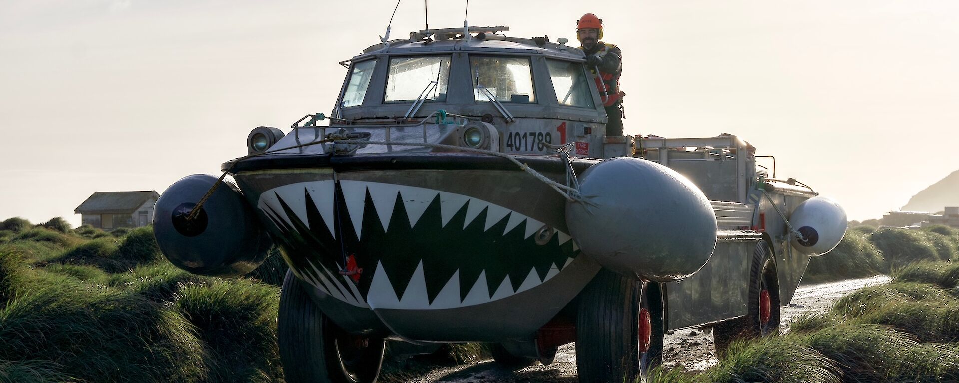 An amphibious vehicle travels down a wet road surrounded by grassy tussocks