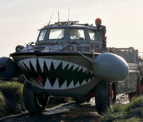 An amphibious vehicle travels down a wet road surrounded by grassy tussocks