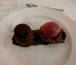 A chocolate fondant and sorbet is artfully arranged on a plate for dessert