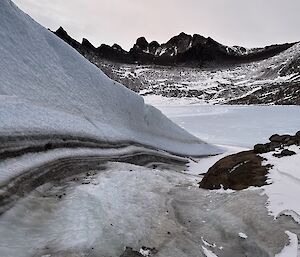 A scour carved by the wind in snow, ice, and rock is in the front left of frame. A frozen lake is in the background with rocky, snow covered mountains in the distance.