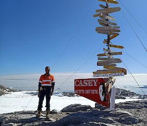 This photo shows a sign post that is full from top to bottom with individual place names and distances. At the bottom of the post is a sign saying Casey. To the left of the post is a man wearing hi-vis workwear and facing the camera smiling. He is standing on rocky ground with some snow in the background, and a blue sky above.