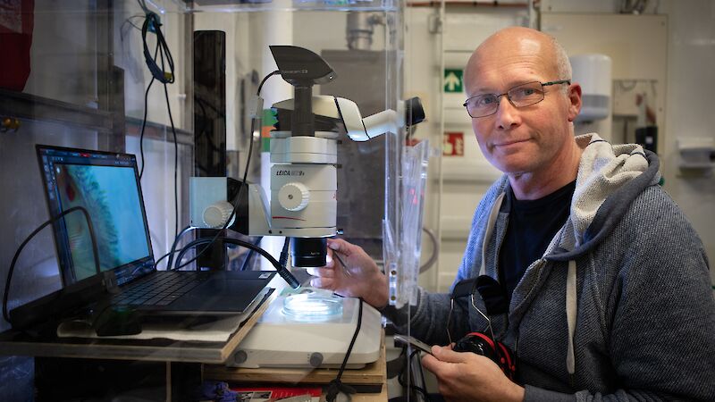 A man sitting at a microscope