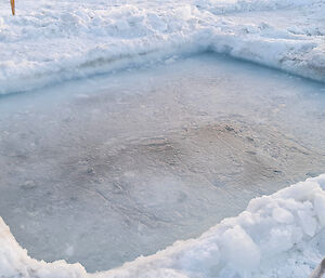 A square hole has been cut through sea ice and a ladder leads into the icy water