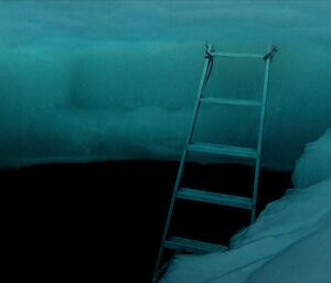 The camera is under the water looking toward a metal ladder that is on the side of sea ice and the thickness of the sea-ice can be seen