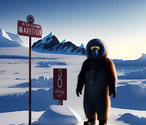 A digitally created image of a penguin humanoid creature