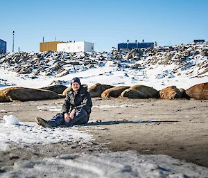 A man sits on the ground with 8 large elephant seals on a beach behind him.