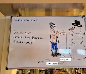 A kitchen menu board with a cartoon drawing of the author and his lost glasses on the ground.