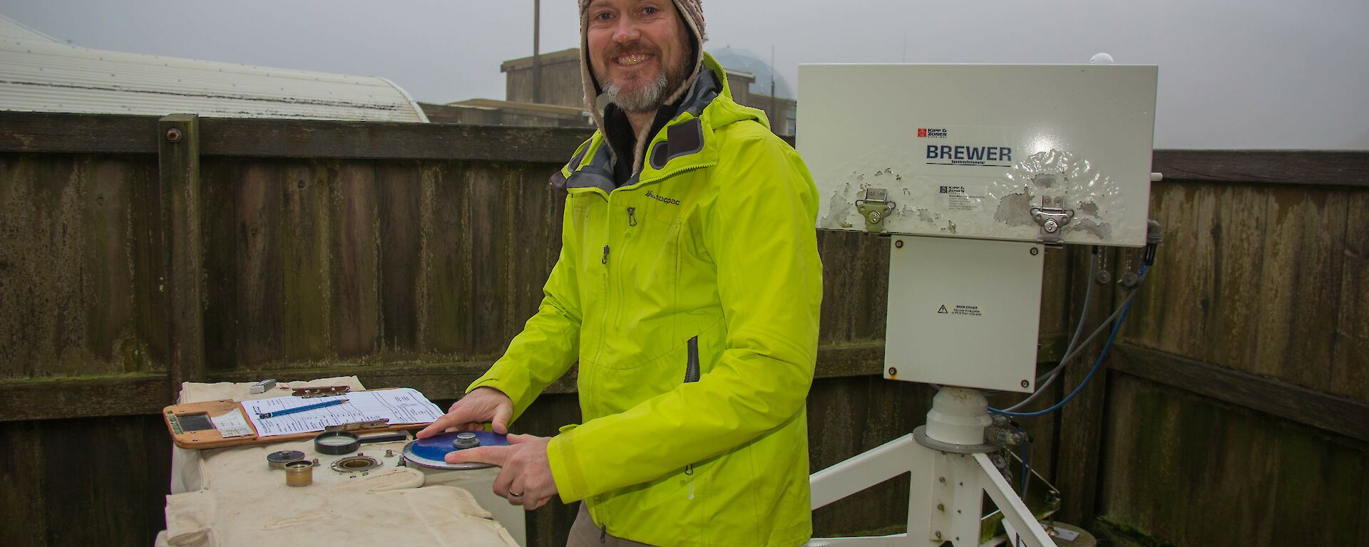 Damien taking ozone observations on the Dobson spectrophotometer.
