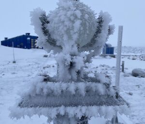 A Campbell-Stokes sunshine recorder is frozen and covered in ice and snow. A blue building and snow covered landscape is in the background.