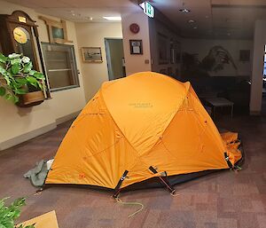 A orange tent is setup in the the middle of a room. There are pictures on the wall and a large clock visible to the left of frame.