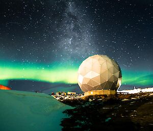 A bright green aurora is visible on the horizon under a night sky with the Milky Way clearly visible. A large satellite dome is in the centre of the frame on a rocky landscape.