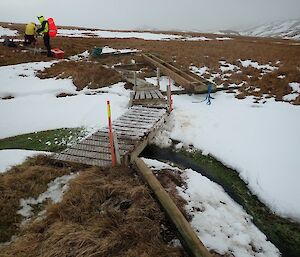 Wooden bridge over snow; expeditioners in the background