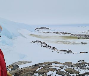 A man is looking towards a large huddle of emperor penguins in the distance. A glacier rises to the left of frame.