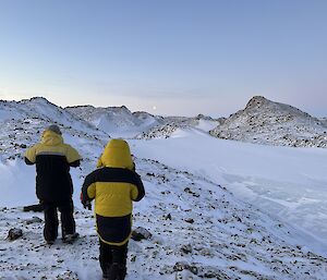 Two people stand on a hill looking out to a snow-covered vista of hills and a frozen fjord.