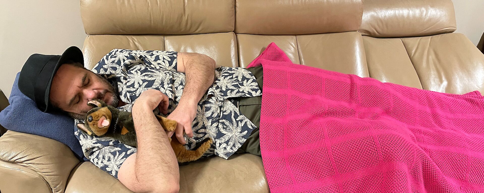 A man covered in a hot pink blanket lies on a couch cuddling a stuffed toy dog.