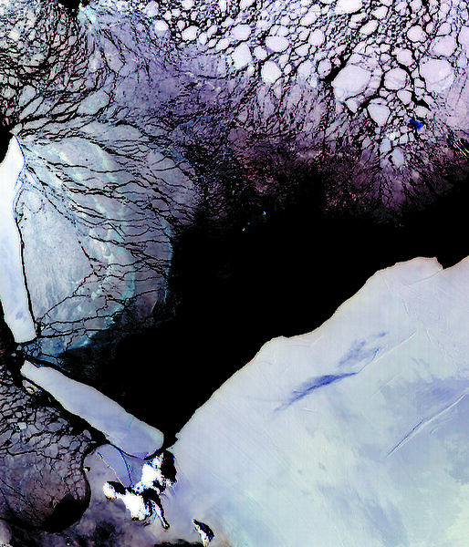 Satellite image showing cracks and ocean leads in ice