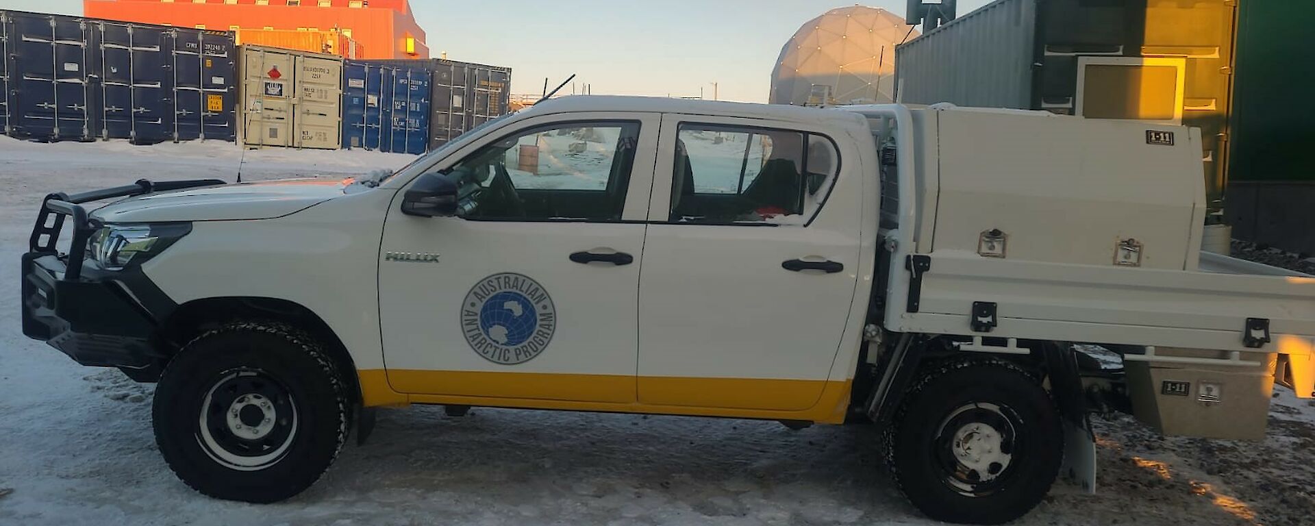 A white Hilux on station in Antarctica