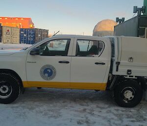 A white Hilux on station in Antarctica