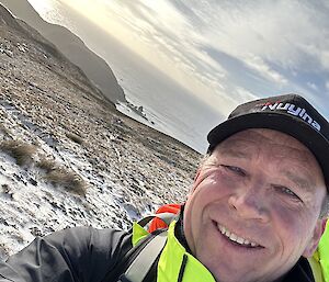 Matty Free at the top of Doctor's Track, Macquarie Island.