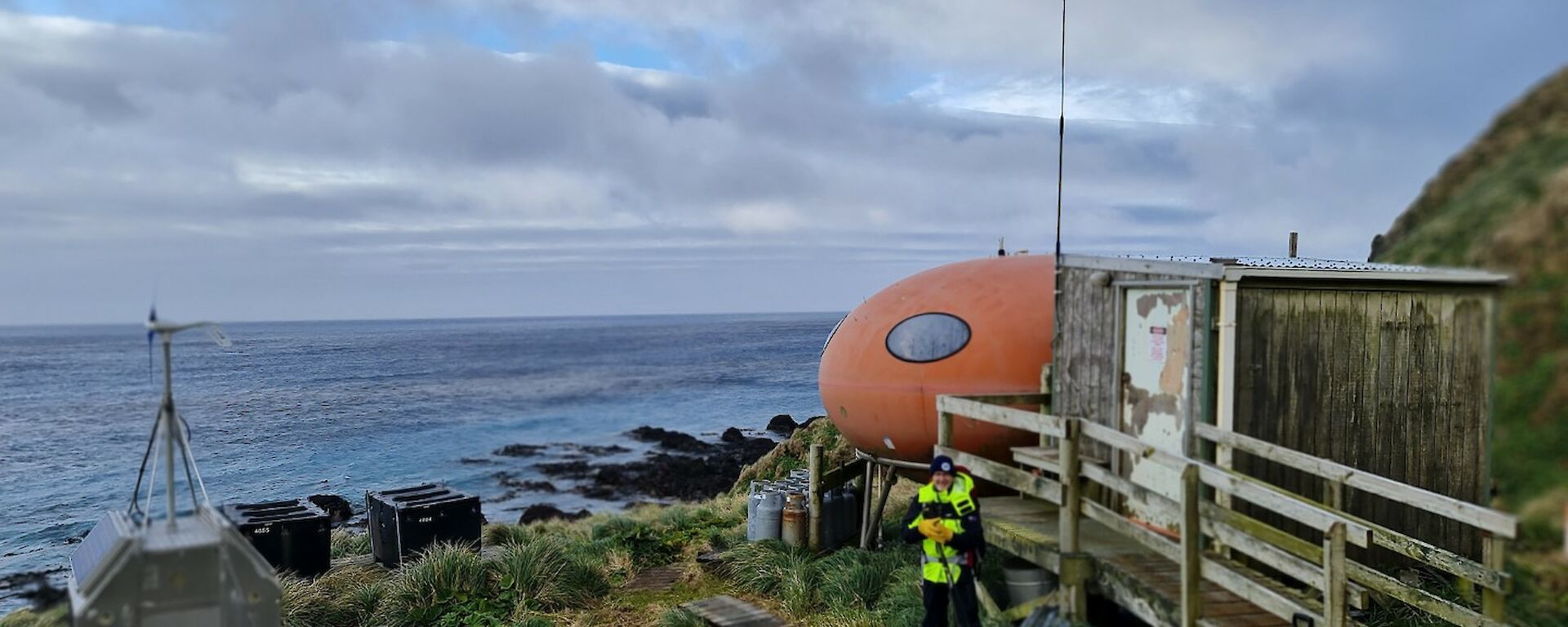 Pete 'Pig Dog' Peterson at Brothers Point Hut - 2023 Macquarie Island.