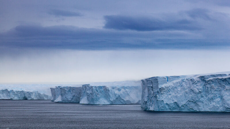 An Antarctic glacier in profile, branching out into the sea